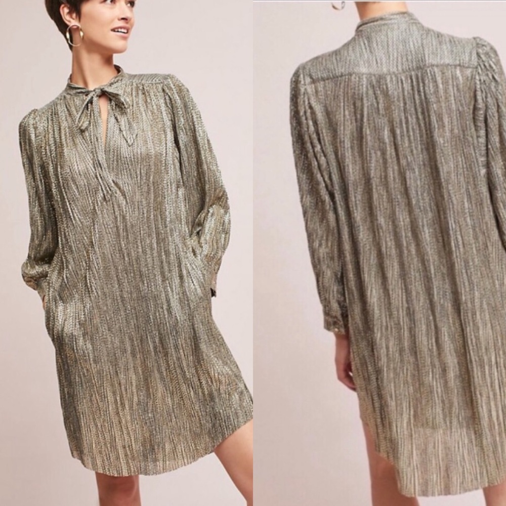 Anthropologie Metallic Pleated Shift Dress in Gold and Silver